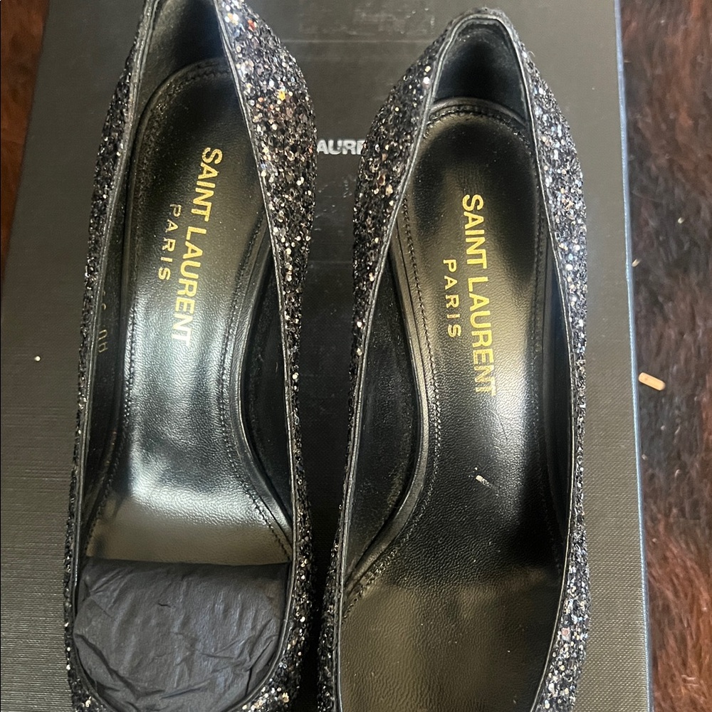 Saint Laurent Charlotte 55MM Super Black Glitter Pointy Toe Pumps. Size 35/5 US - Picture 3 of 4